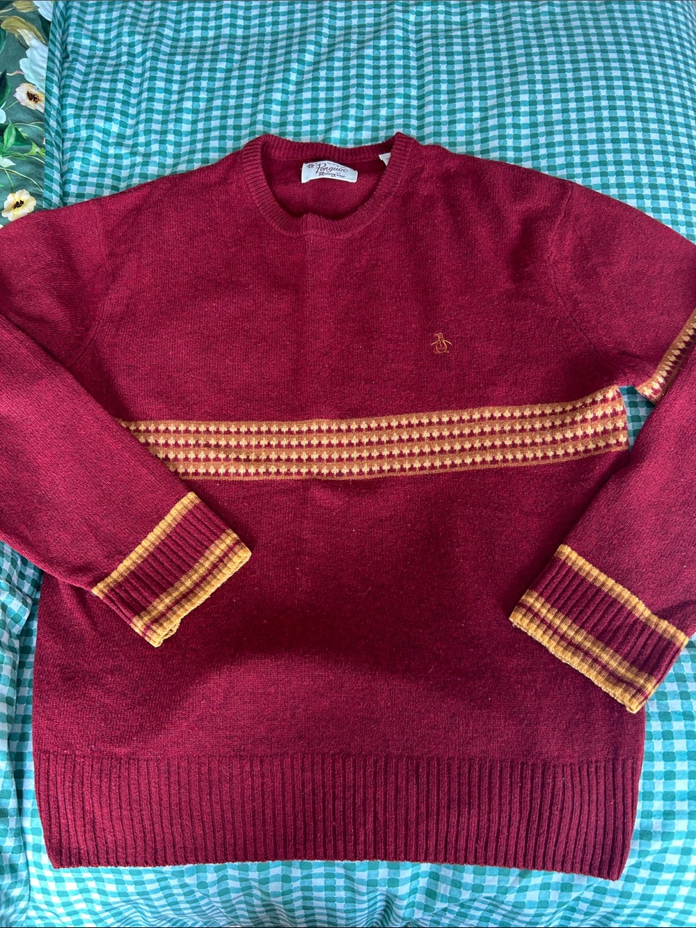 Men's Burgundy Crewneck Sweater with Gold Stripe Detailing